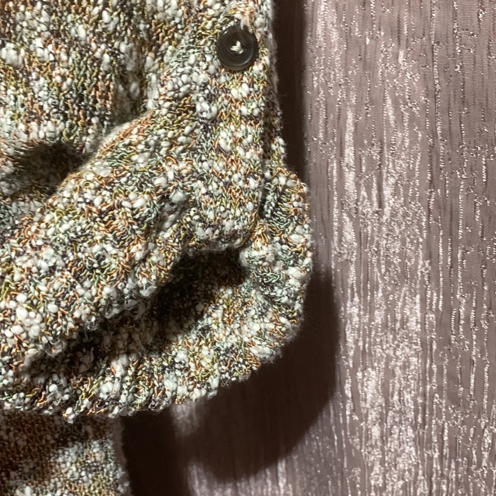 Chico's Sweater Cardigan Open Front Green Brown Cream Size 1 M Short Sleeve - Picture 7 of 14